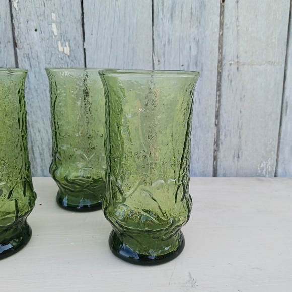 Vtg Anchor Hocking Rainflower Avocado Green Textured Tumblers MCM Set Of 4 - Picture 2 of 6